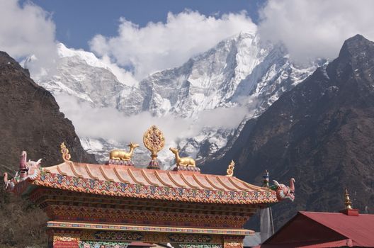 Entrance to Buddhist Monastery at Tengboche (3860 Metres) on the trekking route to Everest Base Camp. Himalaya Mountains, Nepal