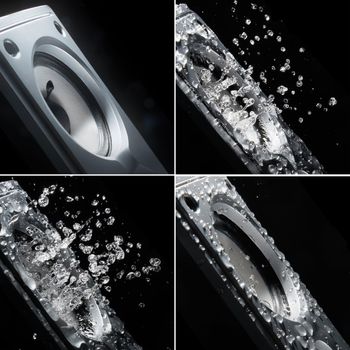 Music column splashing out drops of water a sound. Collection.  Isolated on a black background
