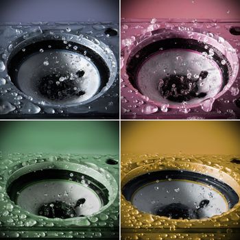 Music column splashing out drops of water a sound. Collection.  Isolated on a different colors  background