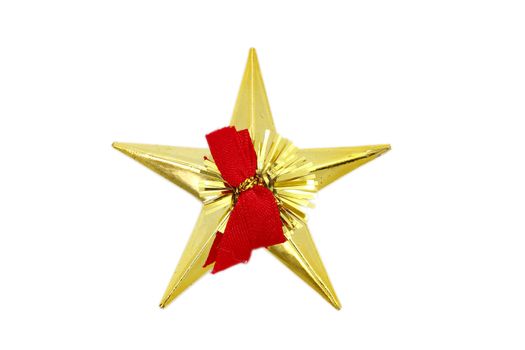 Golden christmas star and red ribbon on a white background 