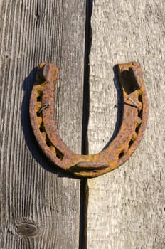 Rusty horseshoe nailed on old wooden wall. Sign of luck.