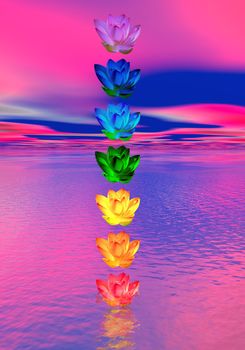 Chakra colors of lily flower in a column upon ocean in pink and blue background