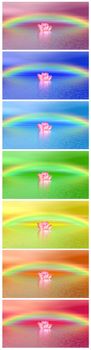 Set of chakra colors of pink lily flowers on water and under rainbow