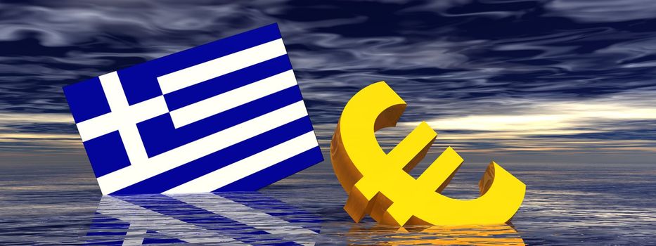 Ill euro symbol and greek flag drowning in the ocean by stormy weather