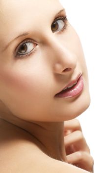 closeup of a beautiful woman looking over her shoulder on white background