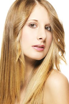 portrait of a beautiful woman with long blonde hairs on white background