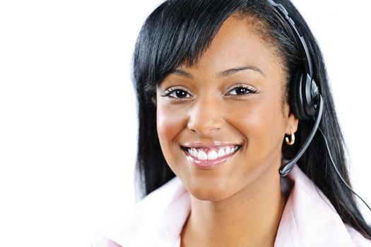 Smiling black customer service and support woman wearing headset