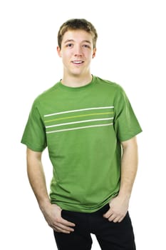 Happy young man standing isolated on white background