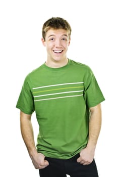 Laughing young man standing isolated on white background