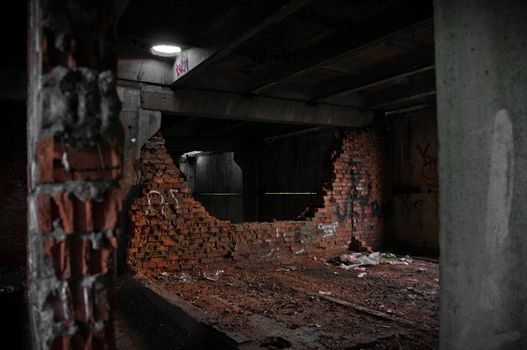 Abandoned and ugly building broken brick wall