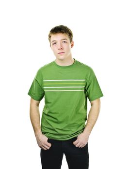Serious young man standing isolated on white background