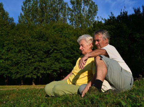 Retired couple sitting and relaxing on a glade on a beautiful sunny afternoon, with woods in the background.