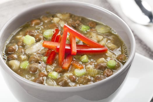 Bowl of fresh soup with kapucijners, green onions, and red bell pepper garnish