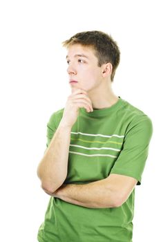Thoughtful young man standing isolated on white background