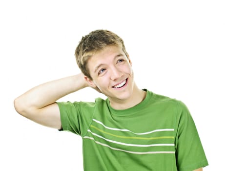 Relaxed smiling young man with hand behind his head isolated on white