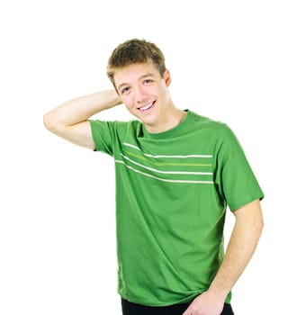 Relaxed smiling young man with hand behind his head isolated on white