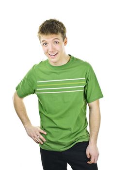 Friendly smiling young man standing isolated on white background