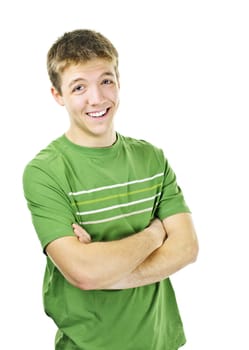 Happy young man standing with arms crossed isolated on white background