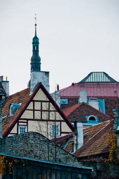 Scandinavian town with houses and spires in Tallinn, Estonia