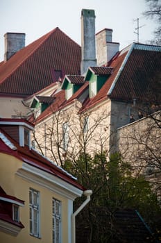 Scandinavian red roofs with strong shadows, Tallinn, Estonia