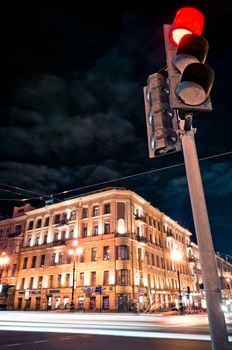 Traffic lights at night in Saint-Petersburg, Russia