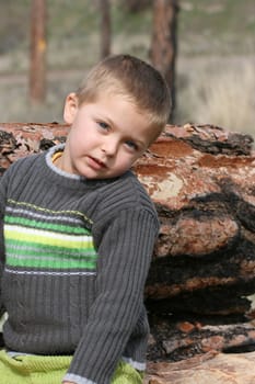 Little blond boy sitting on a tree trunk in the woods