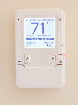 Electronic thermostat with blue LCD screen for controlling air conditioning and heating HVAC