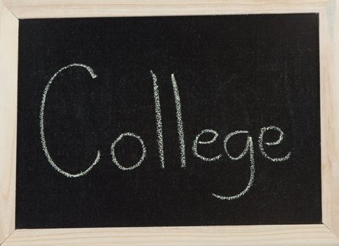 A black board with a wooden frame and the word 'COLLEGE' written in chalk.