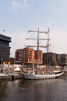 Tolkien is an elegant gaff-topsail schooner in Hamburg port.