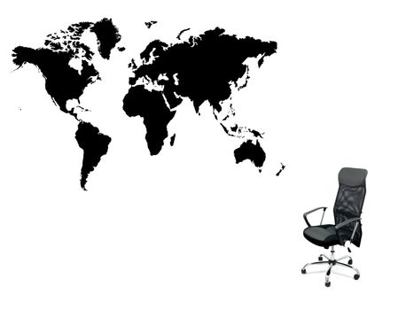 An illustration of a world map and an office chair