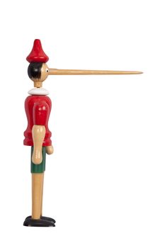 Wooden Pinocchio doll with long nose isolated on white