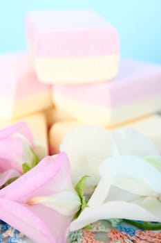 Sweetpea flowers infront of candy stack against blue
