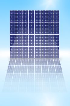 Illustration depicting a vertical array of photovoltaic solar panels reflecting into a shiny foreground.