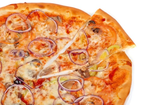 vegetable pizza closeup with tomato, Bulgarian pepper, onion, olive, champignons and mozzarella cheese