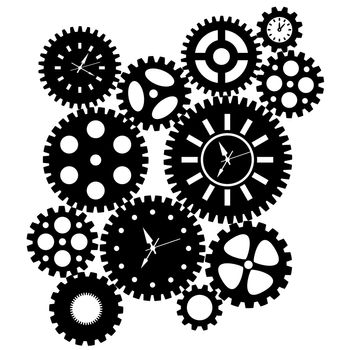 Time Clock Gears Clipart Black SIlhouette Isolated on White Background Illustration