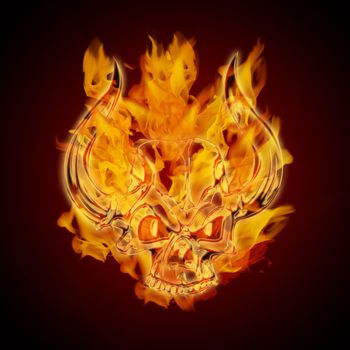 Fire Burning Flaming Skull with Horns on Dark Background Illustration