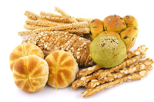 Variety of Organic Breads on white background