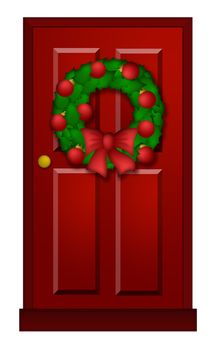 House Red Door with Christmas Wreath Ornaments and Bow Illustration