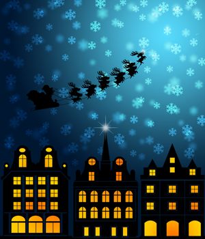 Santa Sleigh Reindeer Flying Over Victorian Houses on Snowy Night Illustration