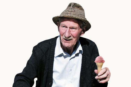 Elderly man wearing a hat with ice cream, looking happy