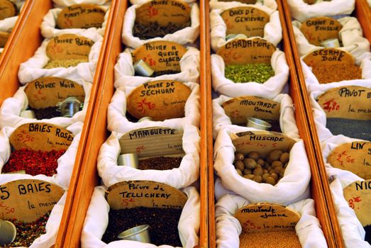 Assorted spices for sale on french farmers market in Perigueux, France