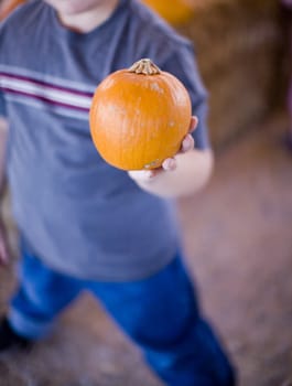 a boy holds up a pumpkin during halloween while standing up 