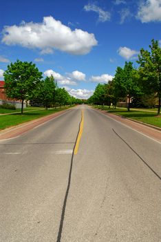 Empty residential street in suburban neighborhood lined with trees