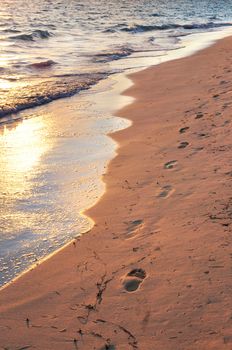 Tropical sandy beach with footprints at sunrise