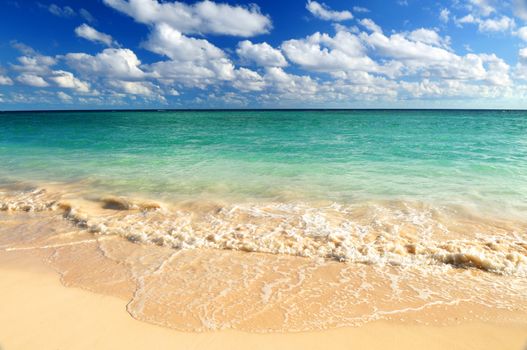 Tropical sandy beach with advancing wave and blue sky