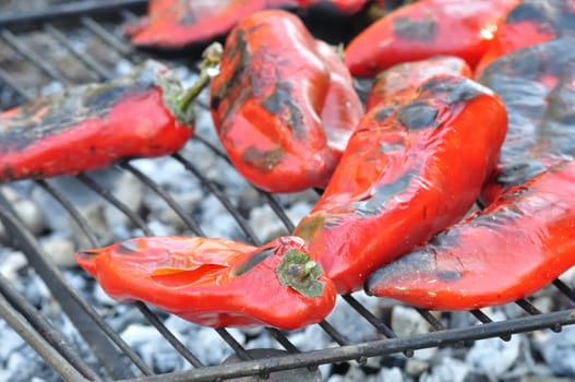 Roasted red pepper on barbecue grill, close up