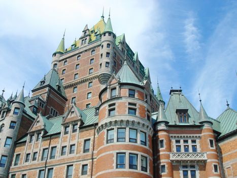 Side of Frontenac Castle, Quebec, Canada. It is one of the most popular historical attractions in old Quebec City, It was opened in 1893.