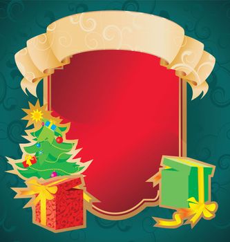 christmas frame with banner and holiday decorations