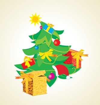 vintage christmas tree with gift boxes illustration