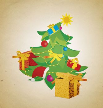vintage christmas tree with gift boxes illustration